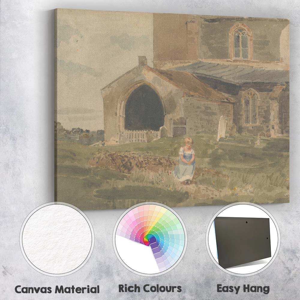 Historic Stone Churchyard With Seated Girl Watercolour Canvas Wall Art Print Decor Picture Ready to Hang