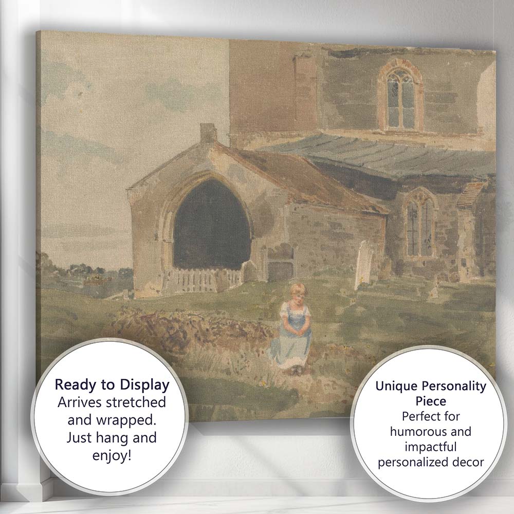 Historic Stone Churchyard With Seated Girl Watercolour Canvas Wall Art Print Decor Picture Ready to Hang