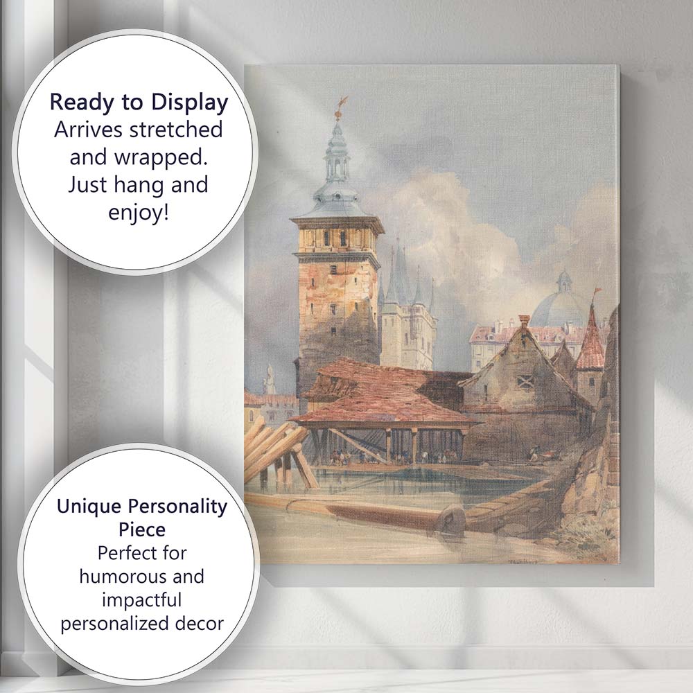 European Old Town Canal Architecture Watercolour Canvas Wall Art Print Decor Picture Ready to Hang
