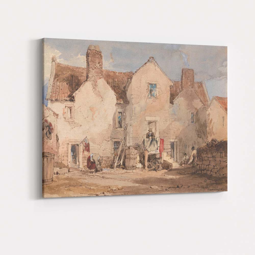 French Village Courtyard Rustic Buildings Watercolour Canvas Wall Art Print Decor Picture Ready to Hang