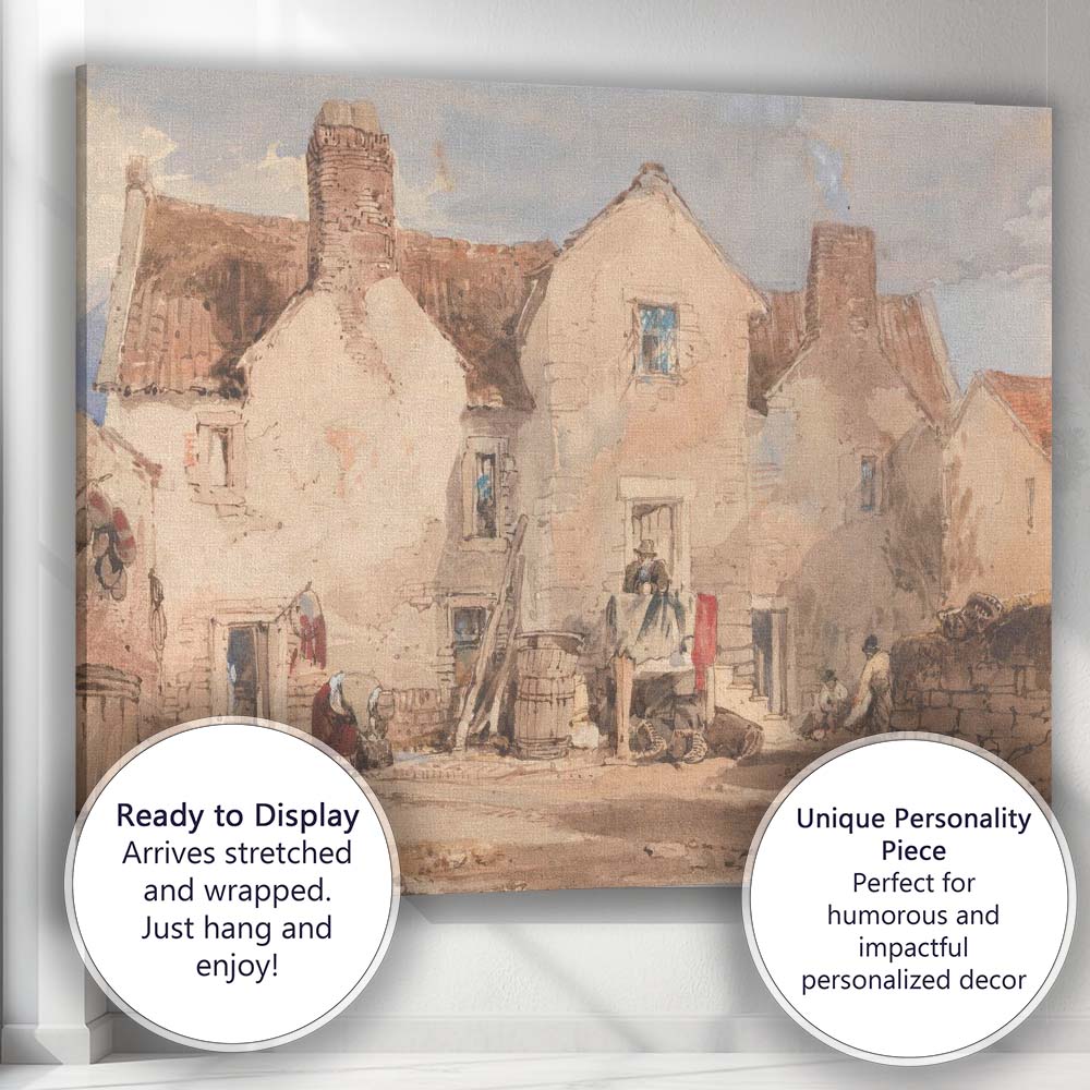 French Village Courtyard Rustic Buildings Watercolour Canvas Wall Art Print Decor Picture Ready to Hang