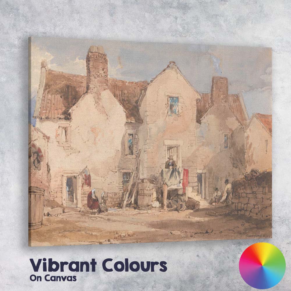 French Village Courtyard Rustic Buildings Watercolour Canvas Wall Art Print Decor Picture Ready to Hang