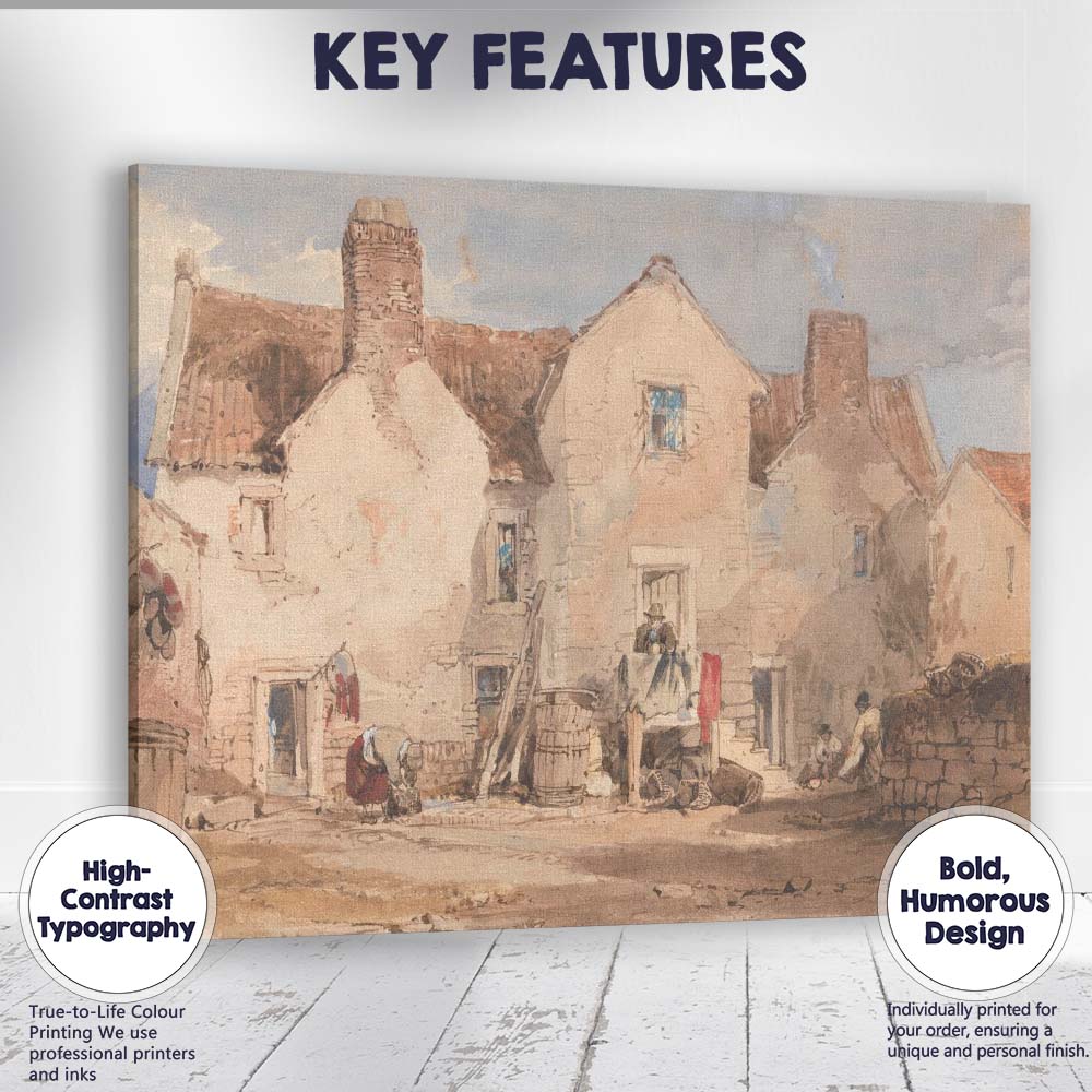 French Village Courtyard Rustic Buildings Watercolour Canvas Wall Art Print Decor Picture Ready to Hang