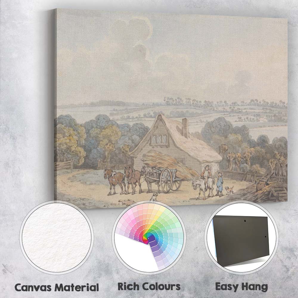 Rural Farmyard Hay Cart Horses Country Watercolour Landscape Canvas Wall Art Print Decor Picture Ready to Hang