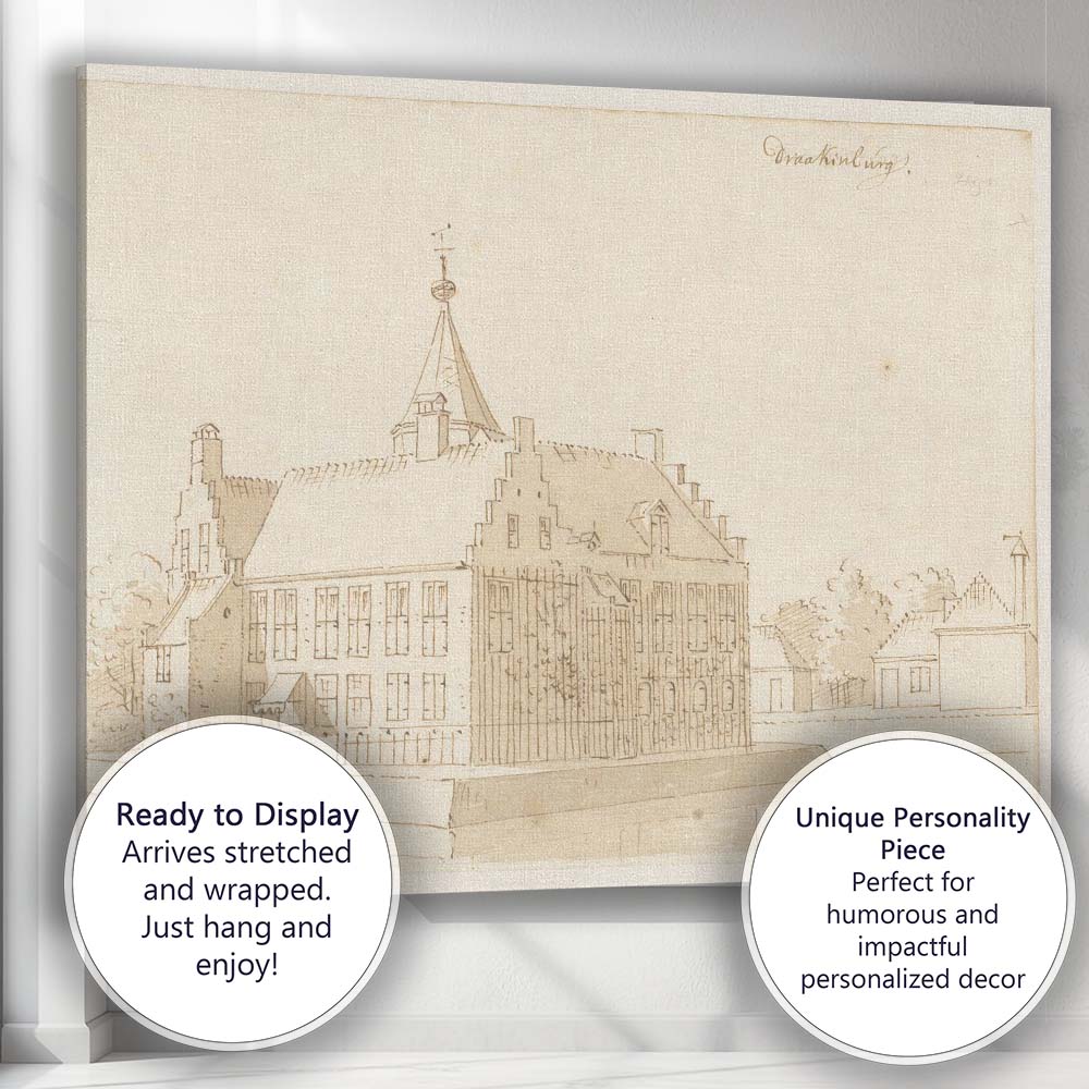 Dutch Canal House Architectural Sketch Antique Sepia Drawing Canvas Wall Art Print Decor Picture Ready to Hang