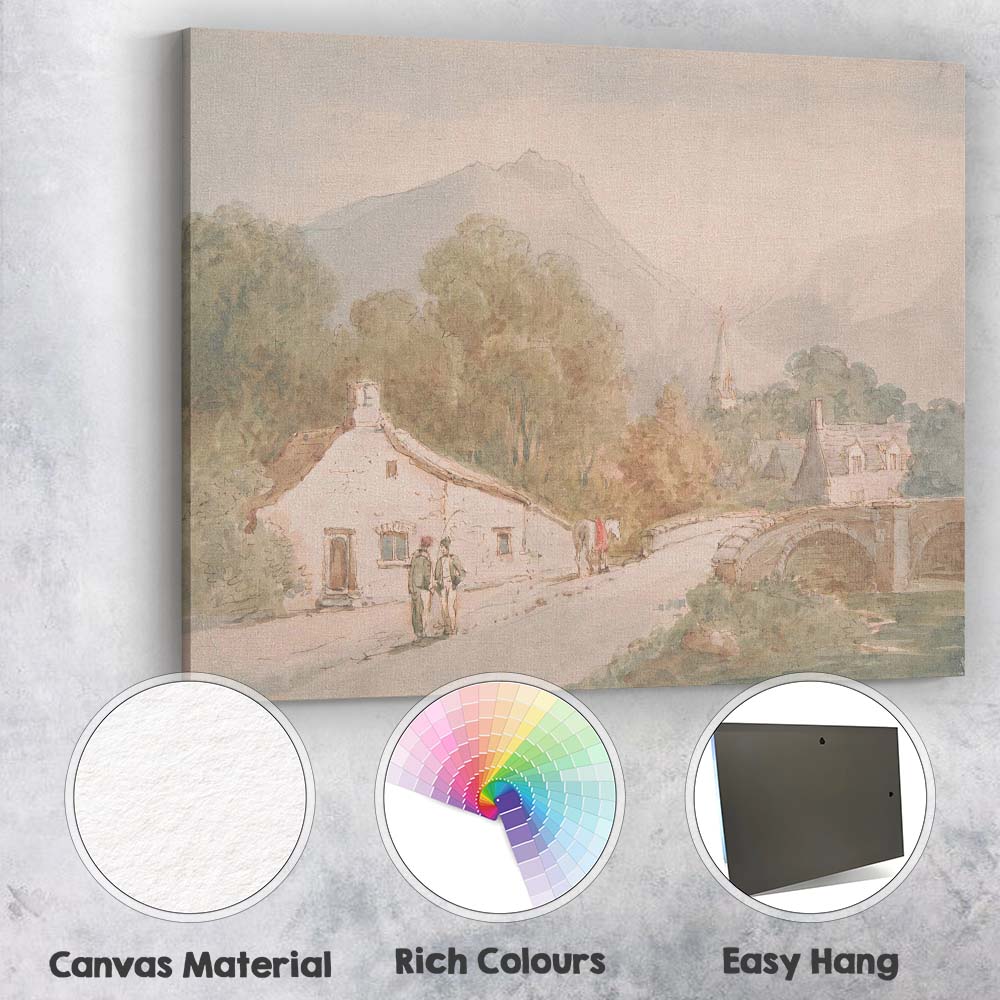 Highland Village Stone Bridge Mountain Landscape Watercolour Painting Canvas Wall Art Print Decor Picture Ready to Hang
