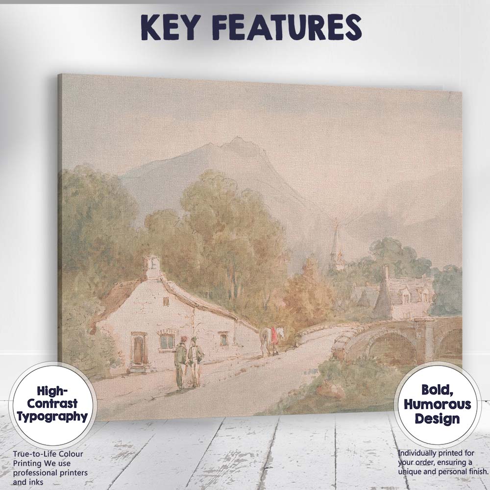 Highland Village Stone Bridge Mountain Landscape Watercolour Painting Canvas Wall Art Print Decor Picture Ready to Hang