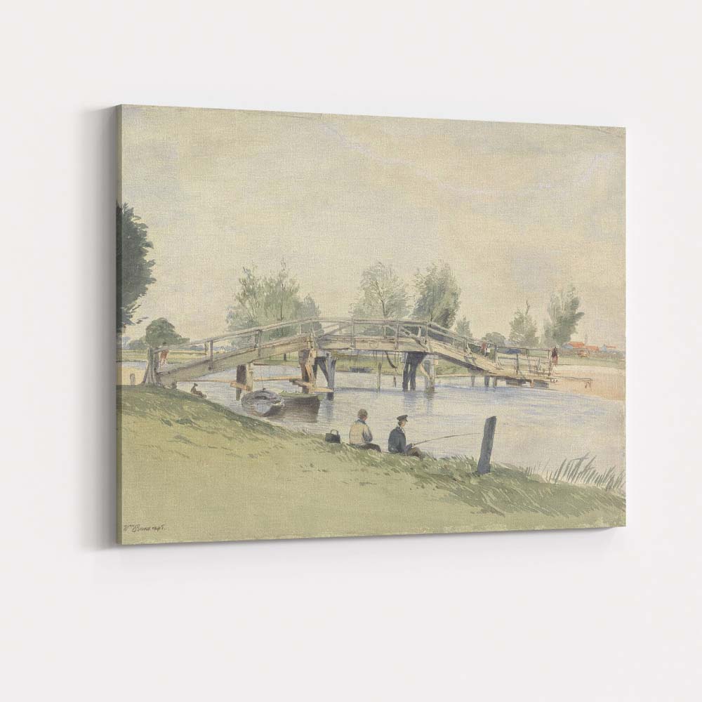 Riverside Wooden Footbridge Fishing Scene Watercolour Landscape Canvas Wall Art Print Decor Picture Ready to Hang