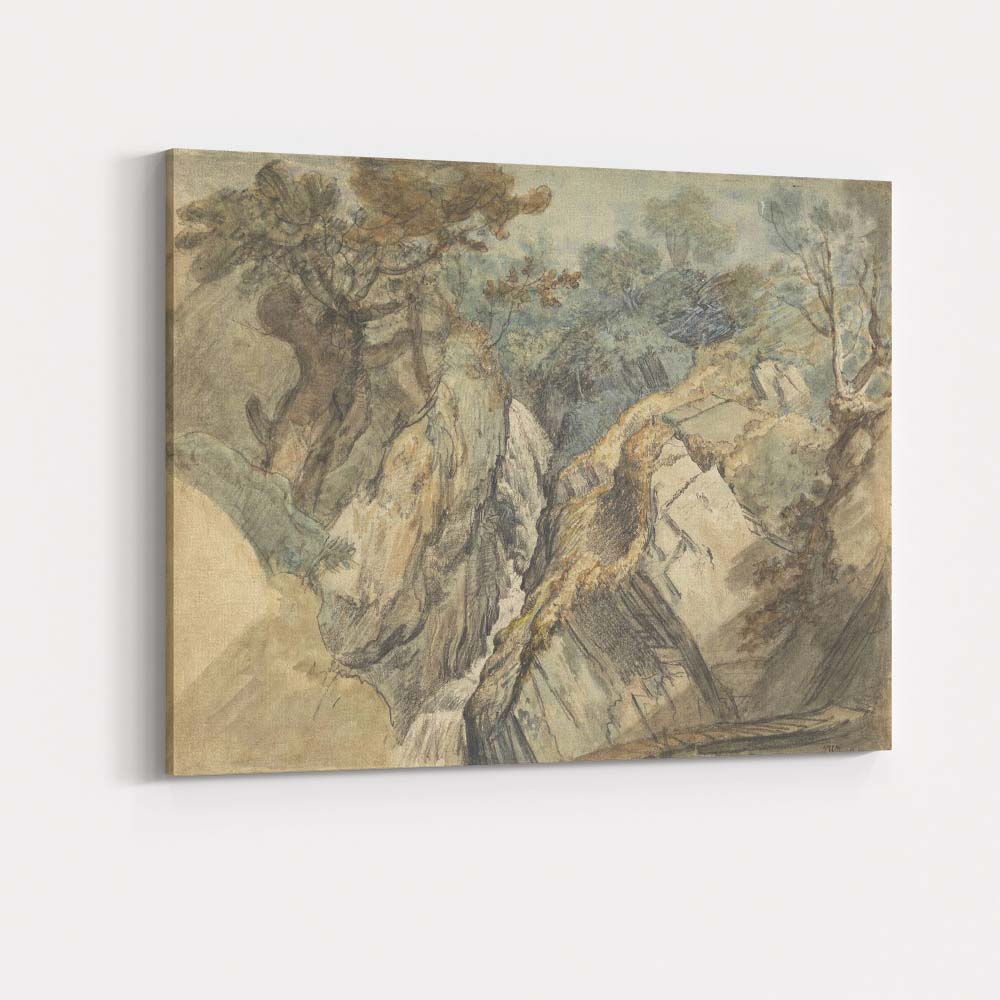 Romantic Woodland Waterfall Rocky Gorge Sketch Watercolour Landscape Canvas Wall Art Print Decor Picture Ready to Hang