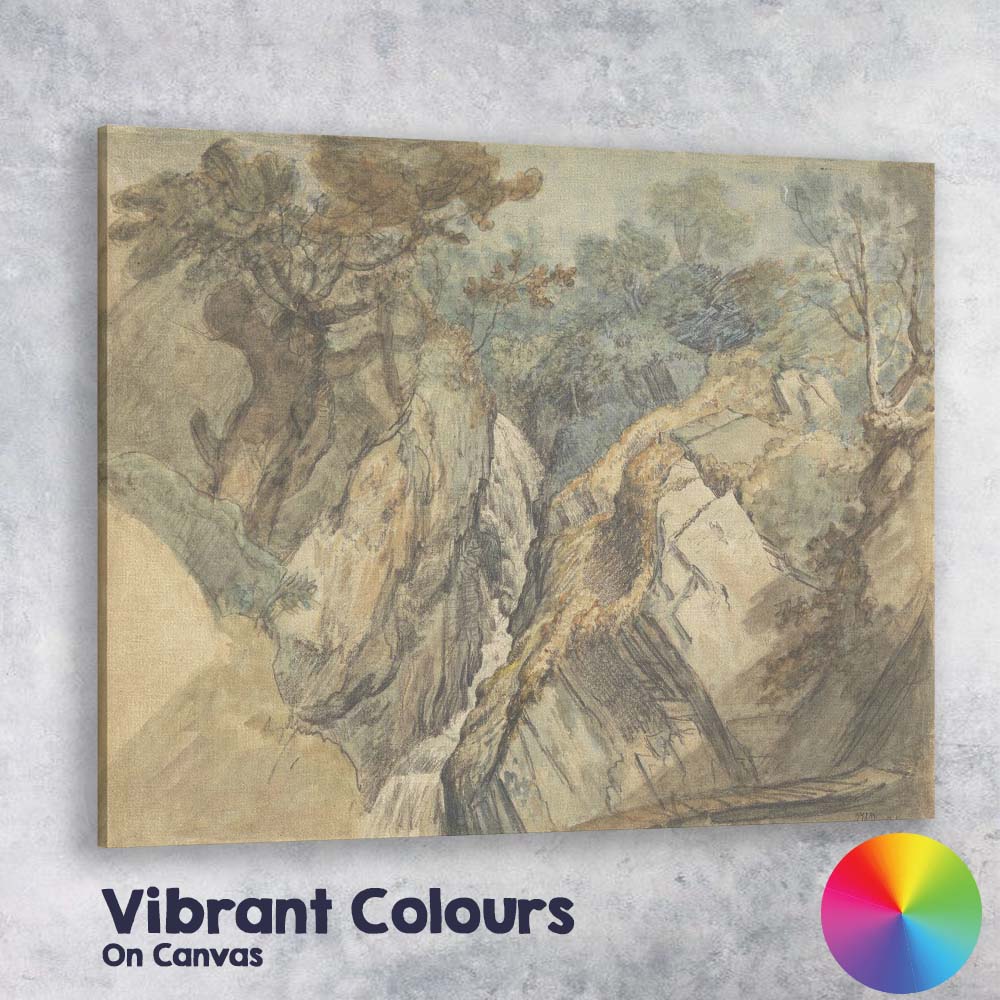 Romantic Woodland Waterfall Rocky Gorge Sketch Watercolour Landscape Canvas Wall Art Print Decor Picture Ready to Hang