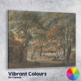 Georgian Village Green Figures Beneath Trees Watercolour Scene Canvas Wall Art Print Decor Picture Ready to Hang