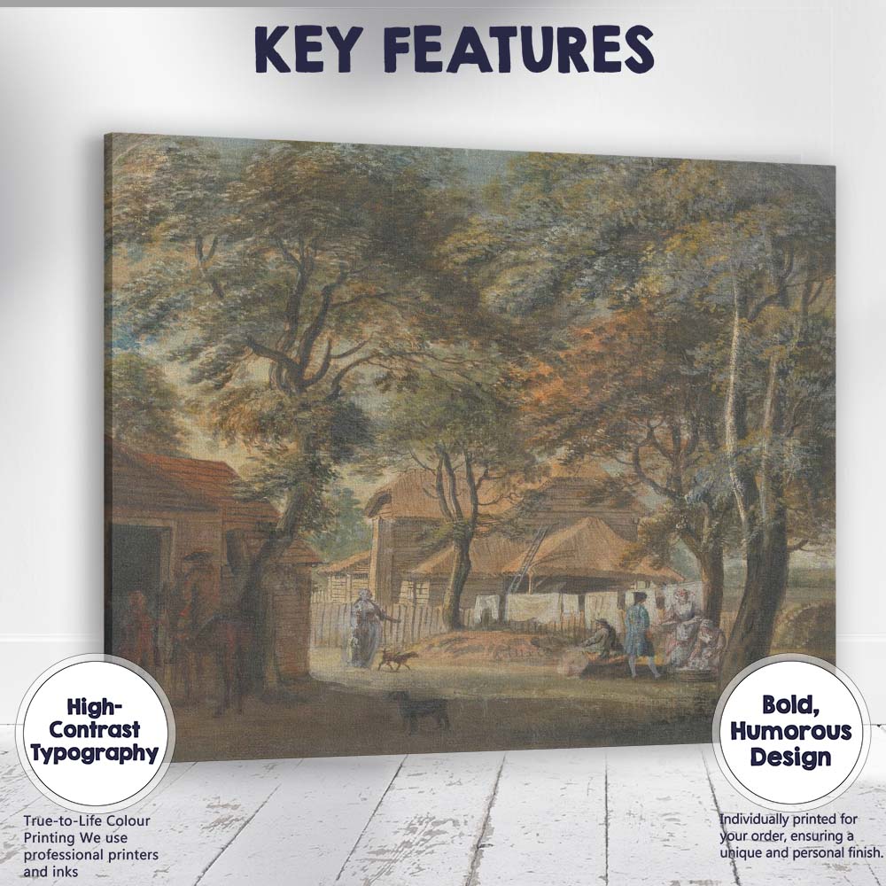 Georgian Village Green Figures Beneath Trees Watercolour Scene Canvas Wall Art Print Decor Picture Ready to Hang
