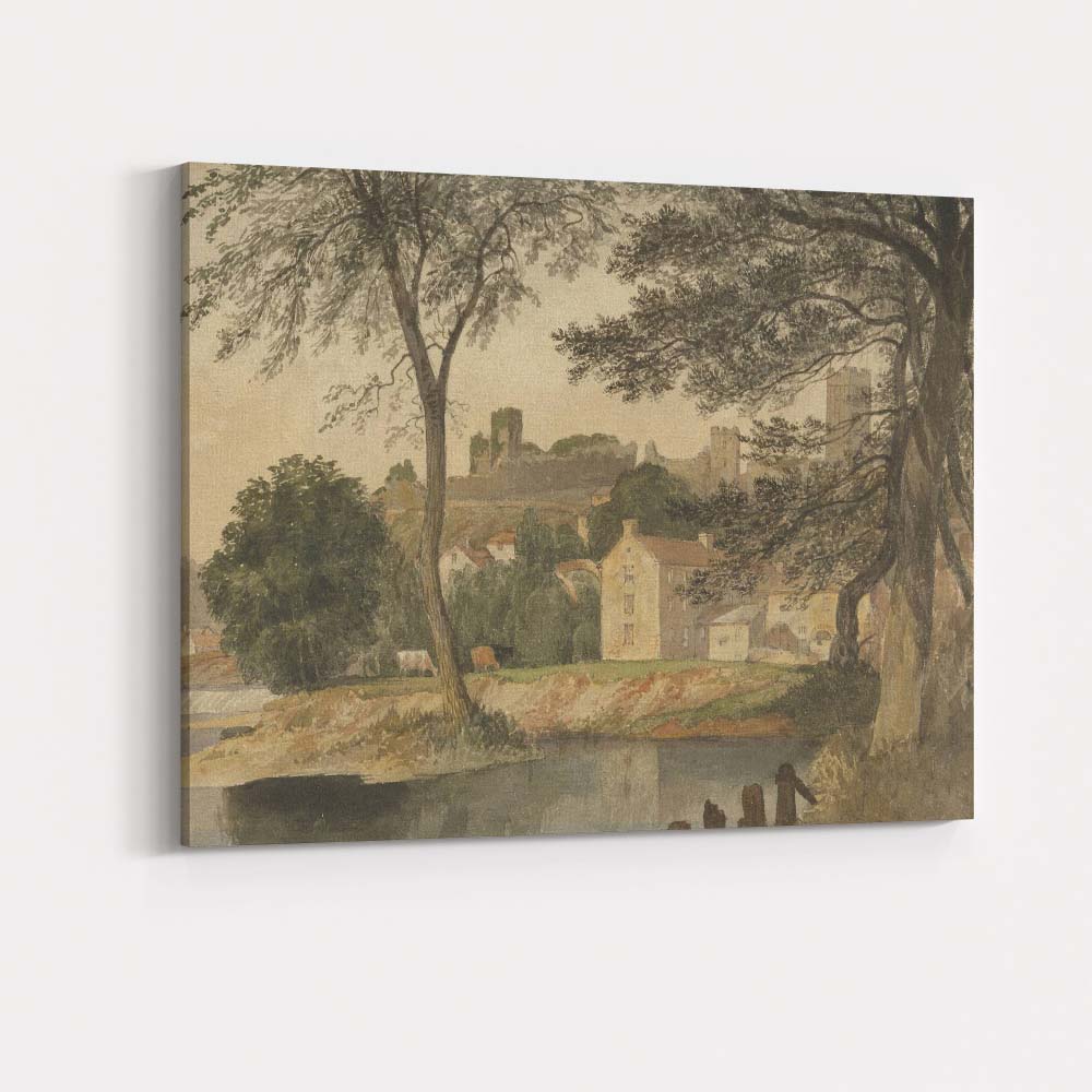 Riverside Town With Castle Ruins Scenic Watercolour Landscape Canvas Wall Art Print Decor Picture Ready to Hang