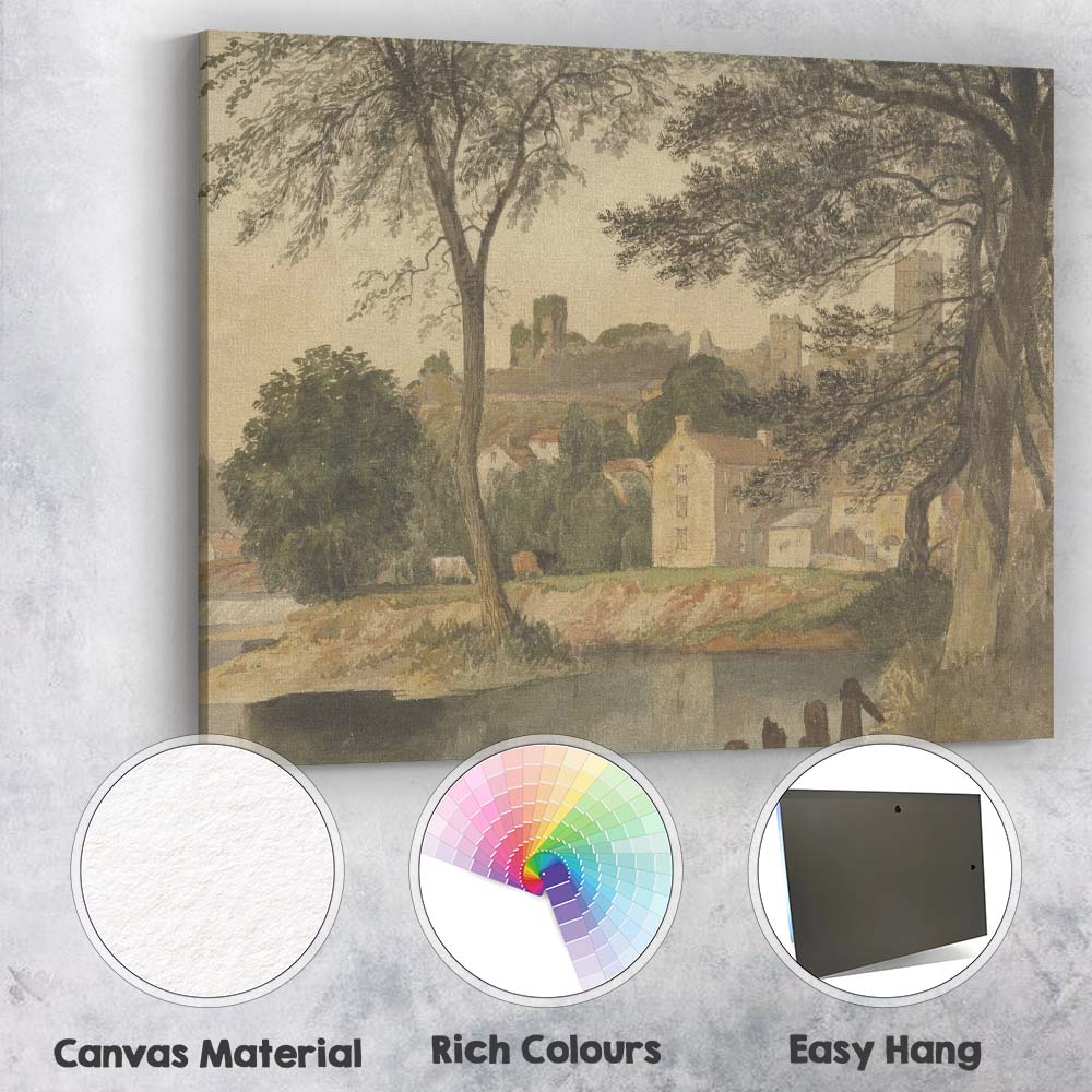 Riverside Town With Castle Ruins Scenic Watercolour Landscape Canvas Wall Art Print Decor Picture Ready to Hang
