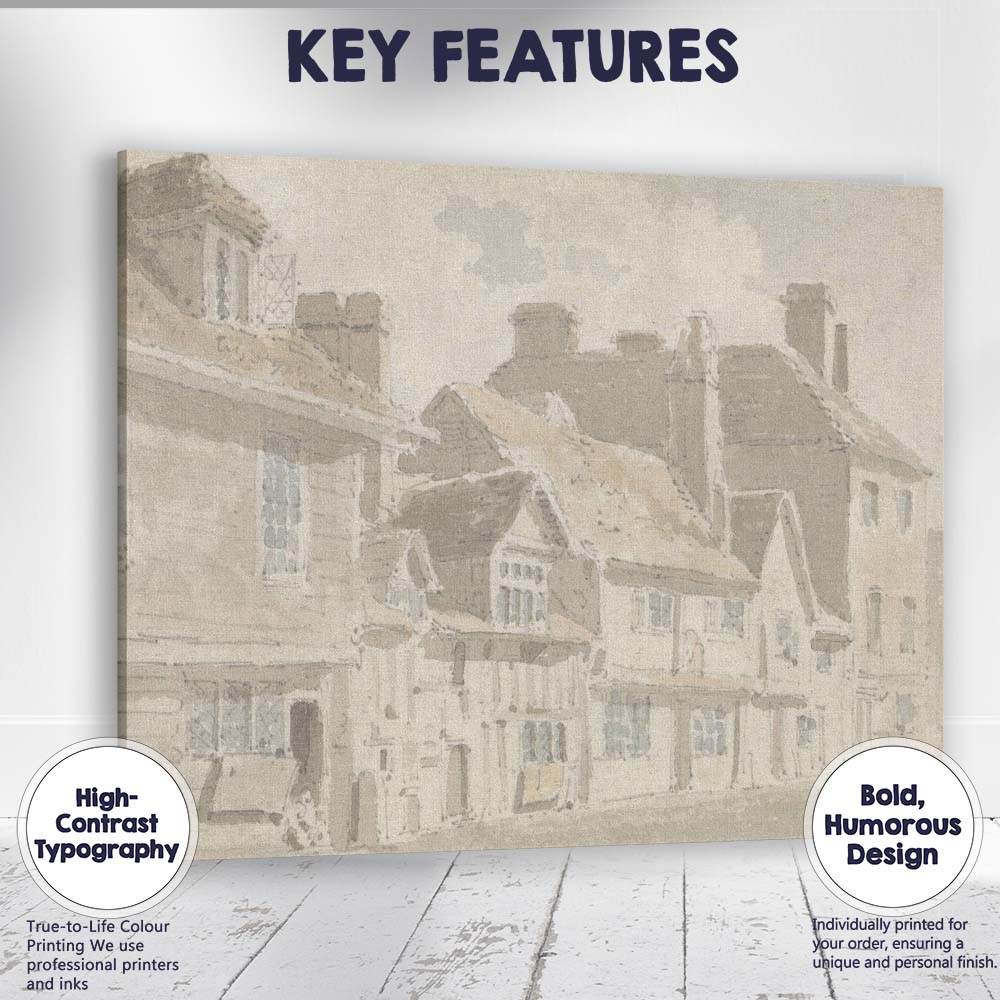 Historic Timber Framed Village Street English Architecture Watercolour Canvas Wall Art Print Decor Picture Ready to Hang