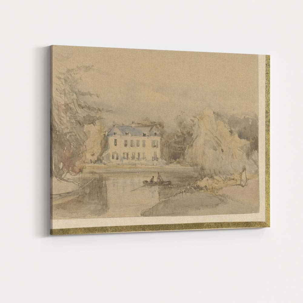Riverside Country House Lake View Scenic Watercolour Landscape Canvas Wall Art Print Decor Picture Ready to Hang