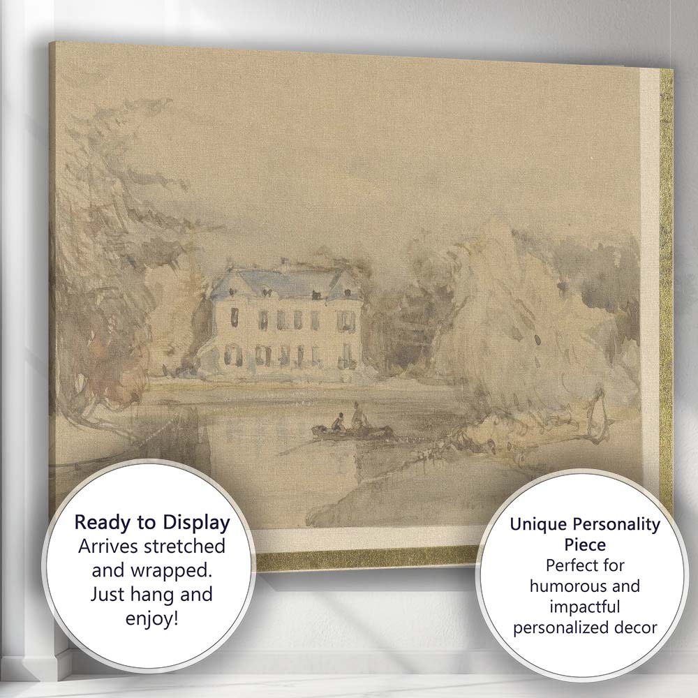 Riverside Country House Lake View Scenic Watercolour Landscape Canvas Wall Art Print Decor Picture Ready to Hang