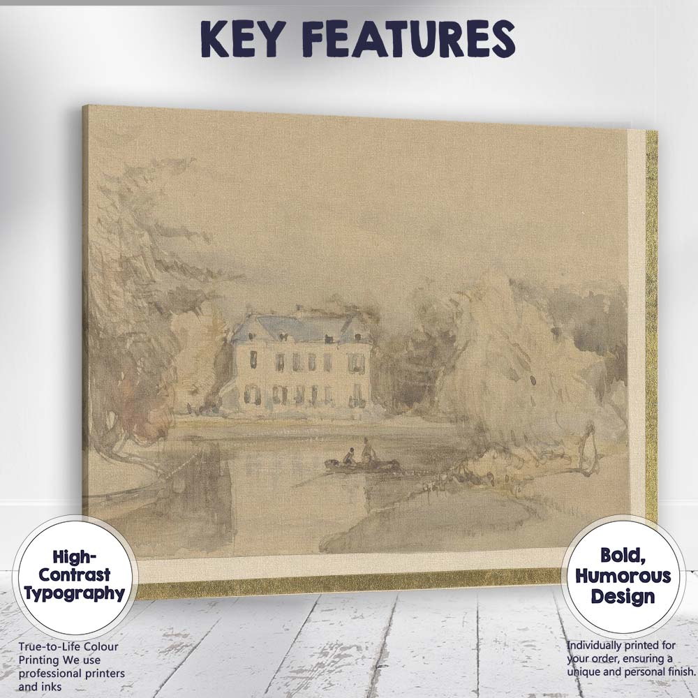Riverside Country House Lake View Scenic Watercolour Landscape Canvas Wall Art Print Decor Picture Ready to Hang