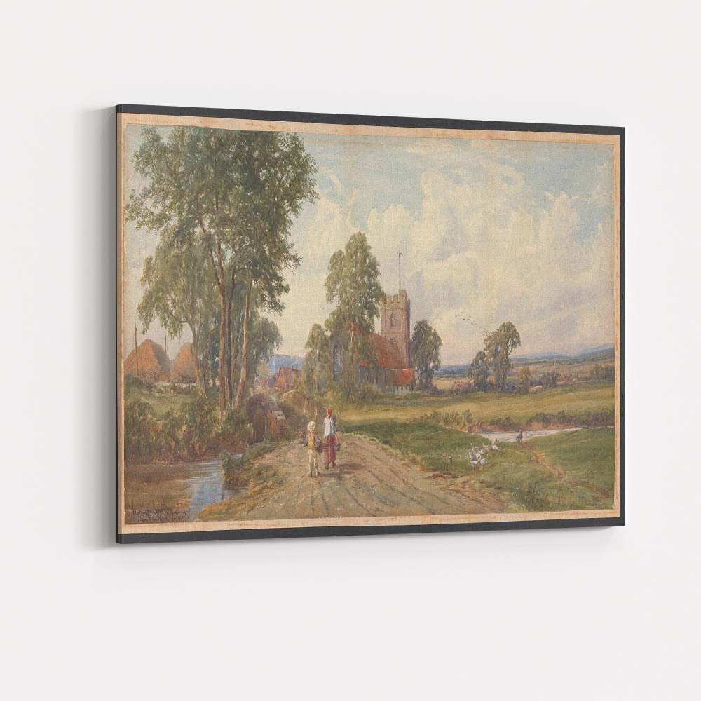 Country Church Meadow Bridge Pastoral Village Watercolour Landscape Canvas Wall Art Print Decor Picture Ready to Hang