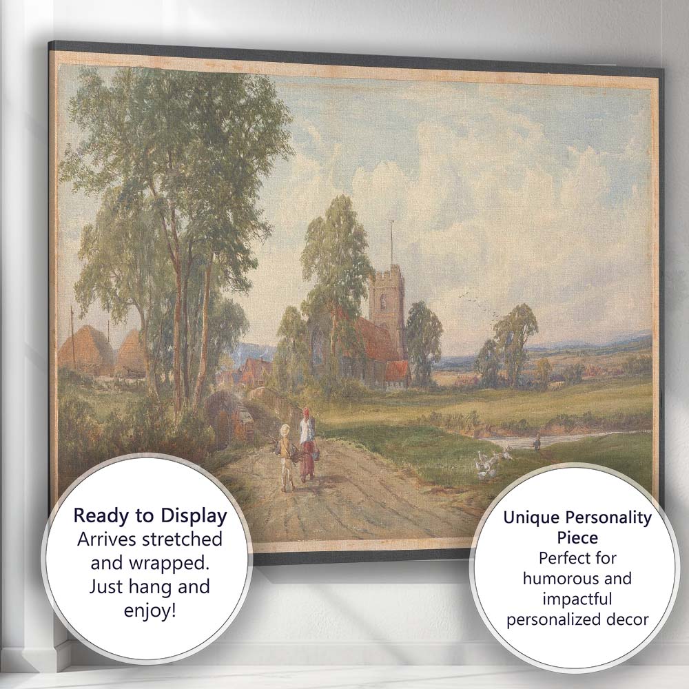 Country Church Meadow Bridge Pastoral Village Watercolour Landscape Canvas Wall Art Print Decor Picture Ready to Hang