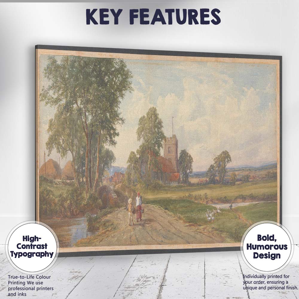 Country Church Meadow Bridge Pastoral Village Watercolour Landscape Canvas Wall Art Print Decor Picture Ready to Hang