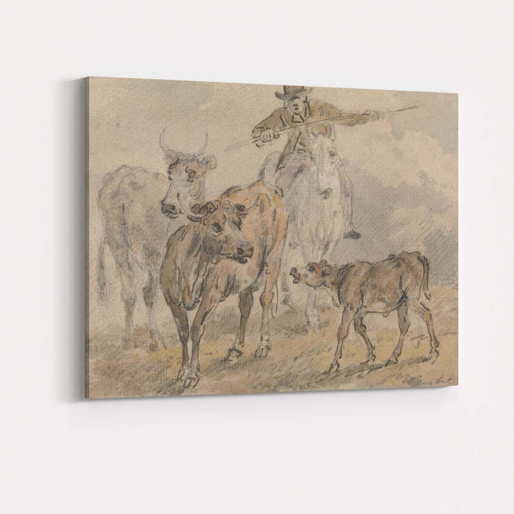 Cattle Drover Herding Livestock Rural Farm Watercolour Sketch Canvas Wall Art Print Decor Picture Ready to Hang