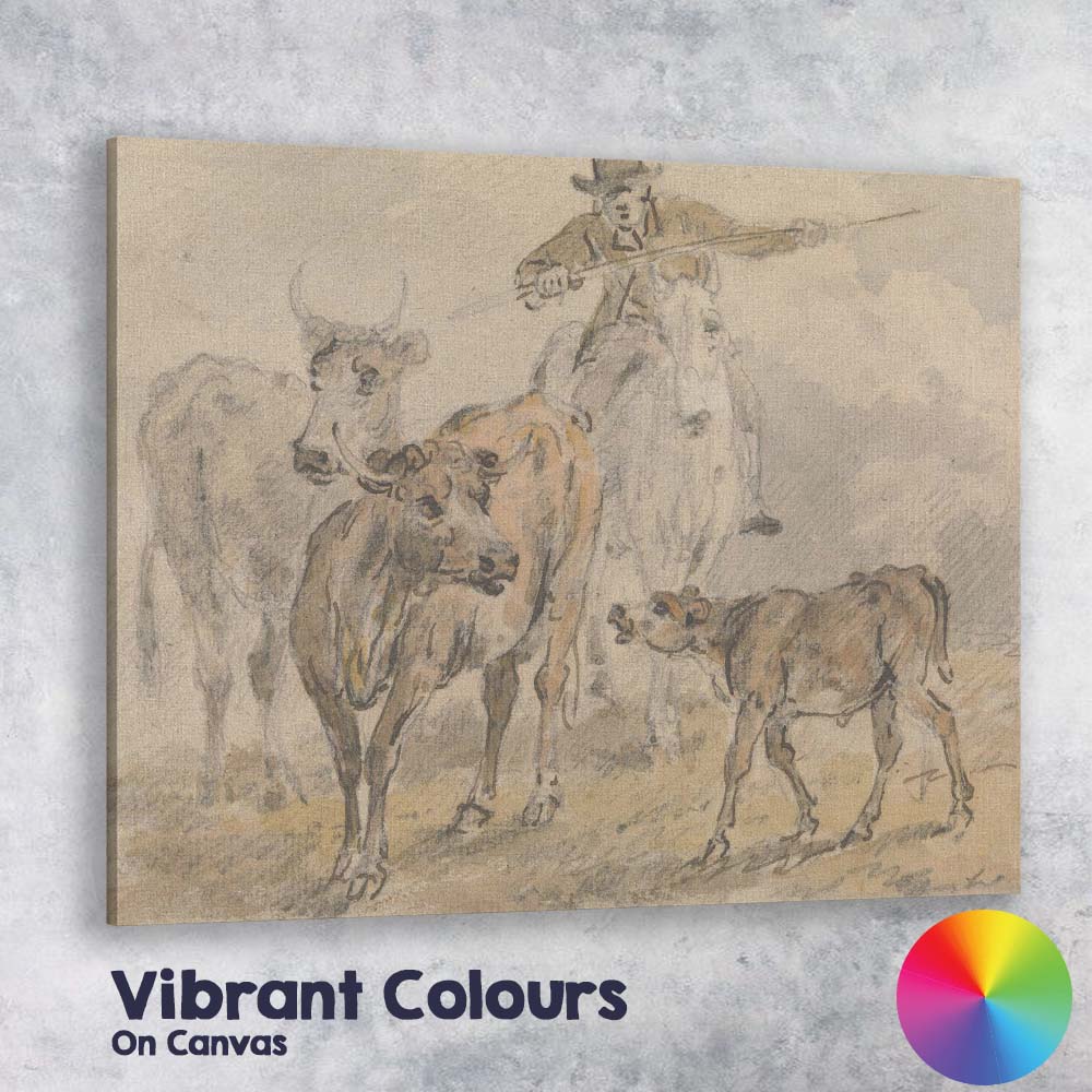 Cattle Drover Herding Livestock Rural Farm Watercolour Sketch Canvas Wall Art Print Decor Picture Ready to Hang