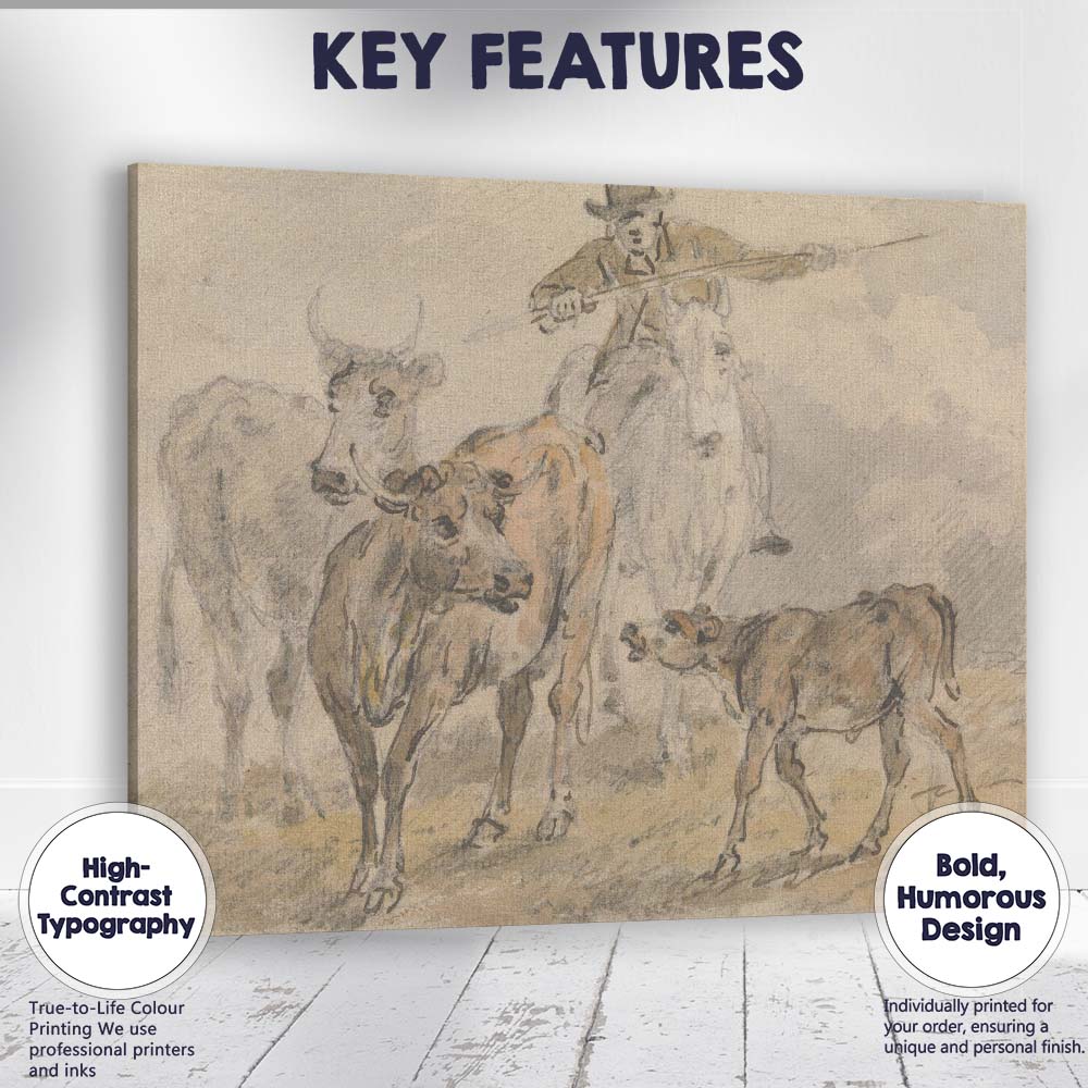 Cattle Drover Herding Livestock Rural Farm Watercolour Sketch Canvas Wall Art Print Decor Picture Ready to Hang