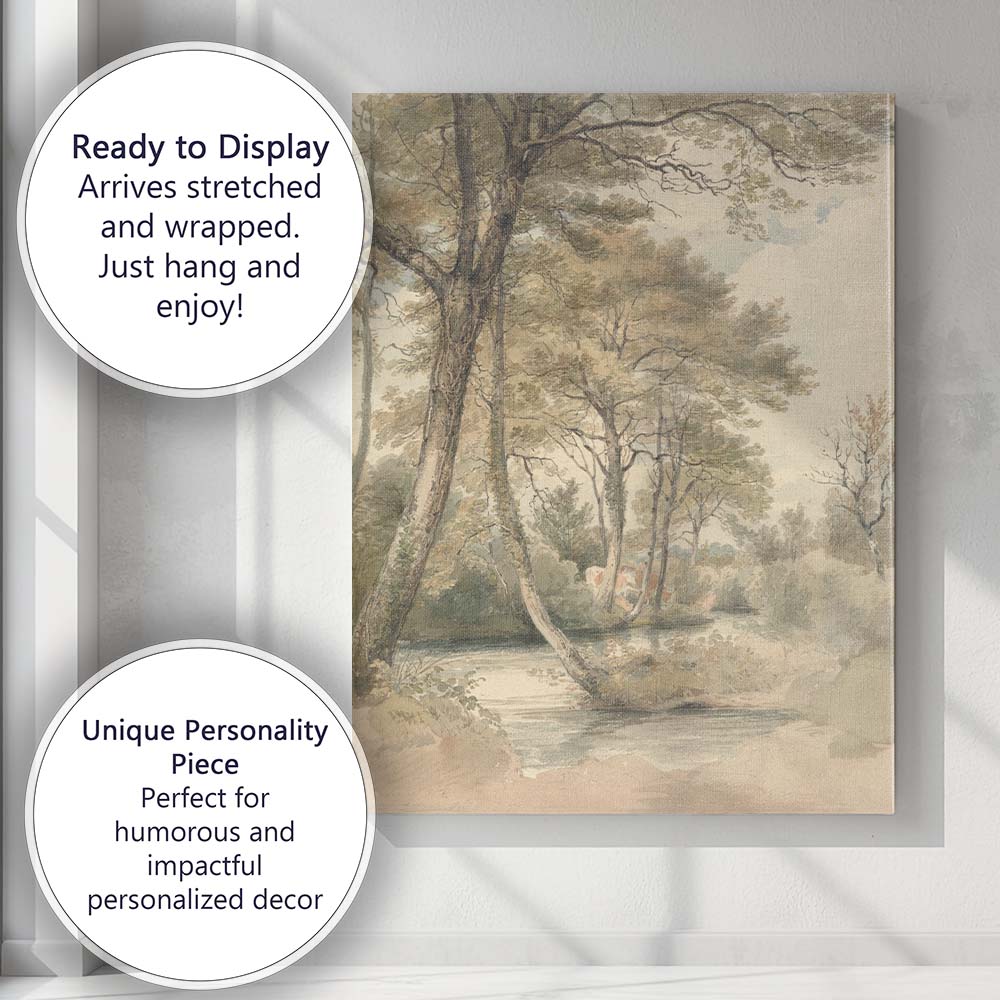 Tranquil Woodland Riverbank Nature Watercolour Landscape Canvas Wall Art Print Decor Picture Ready to Hang
