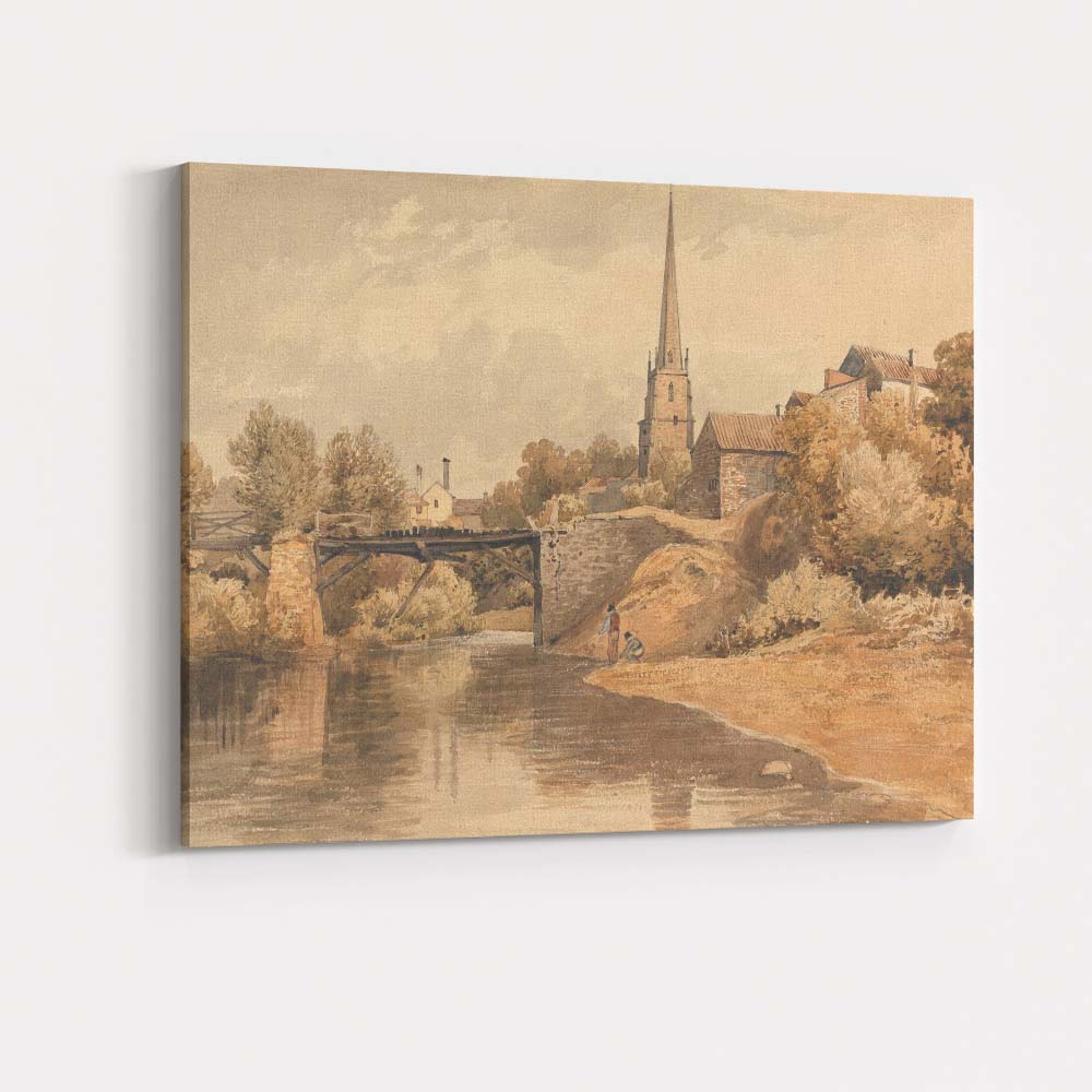 Riverside Village Church Bridge Sepia Landscape Watercolour Canvas Wall Art Print Decor Picture Ready to Hang