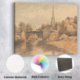 Riverside Village Church Bridge Sepia Landscape Watercolour Canvas Wall Art Print Decor Picture Ready to Hang