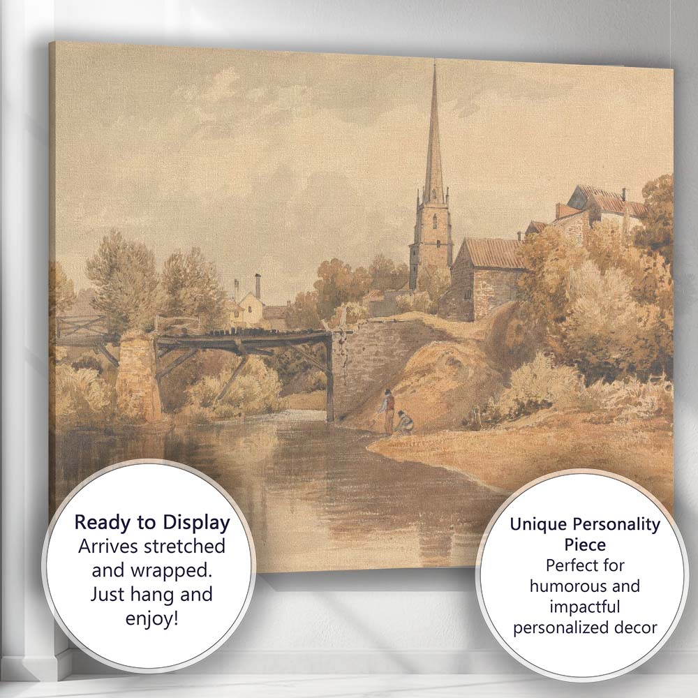 Riverside Village Church Bridge Sepia Landscape Watercolour Canvas Wall Art Print Decor Picture Ready to Hang