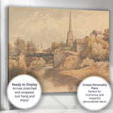 Riverside Village Church Bridge Sepia Landscape Watercolour Canvas Wall Art Print Decor Picture Ready to Hang