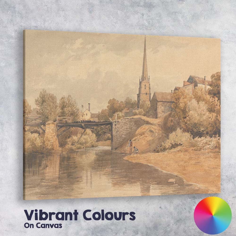Riverside Village Church Bridge Sepia Landscape Watercolour Canvas Wall Art Print Decor Picture Ready to Hang