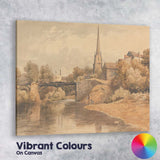 Riverside Village Church Bridge Sepia Landscape Watercolour Canvas Wall Art Print Decor Picture Ready to Hang