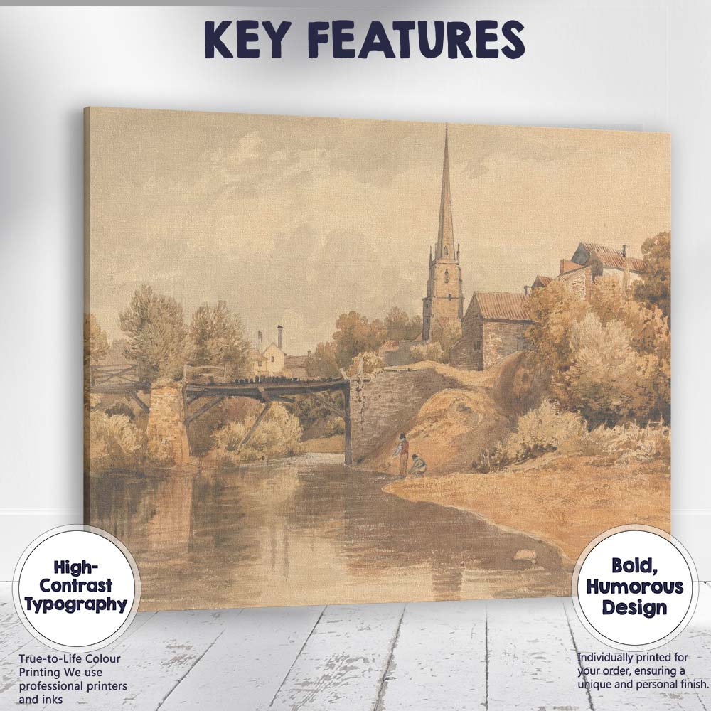 Riverside Village Church Bridge Sepia Landscape Watercolour Canvas Wall Art Print Decor Picture Ready to Hang