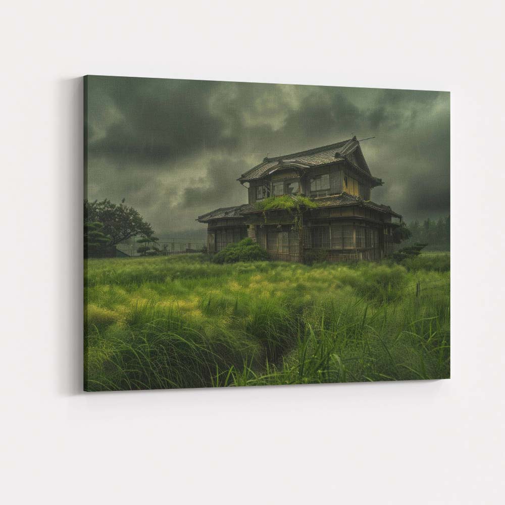 Moody Abandoned Japanese House Rainy Countryside Landscape Canvas Wall Art Print Decor Picture Ready to Hang