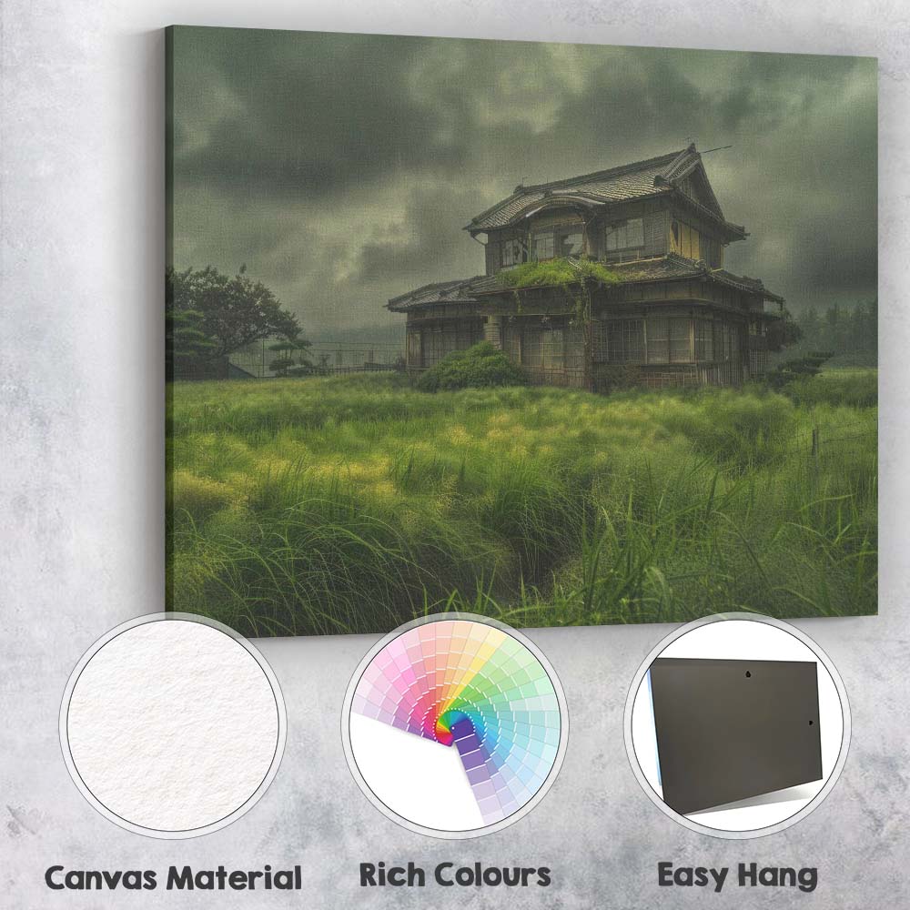 Moody Abandoned Japanese House Rainy Countryside Landscape Canvas Wall Art Print Decor Picture Ready to Hang