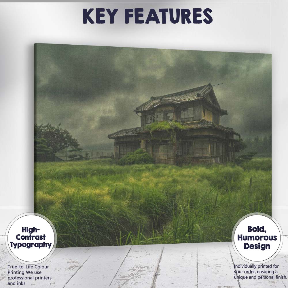 Moody Abandoned Japanese House Rainy Countryside Landscape Canvas Wall Art Print Decor Picture Ready to Hang