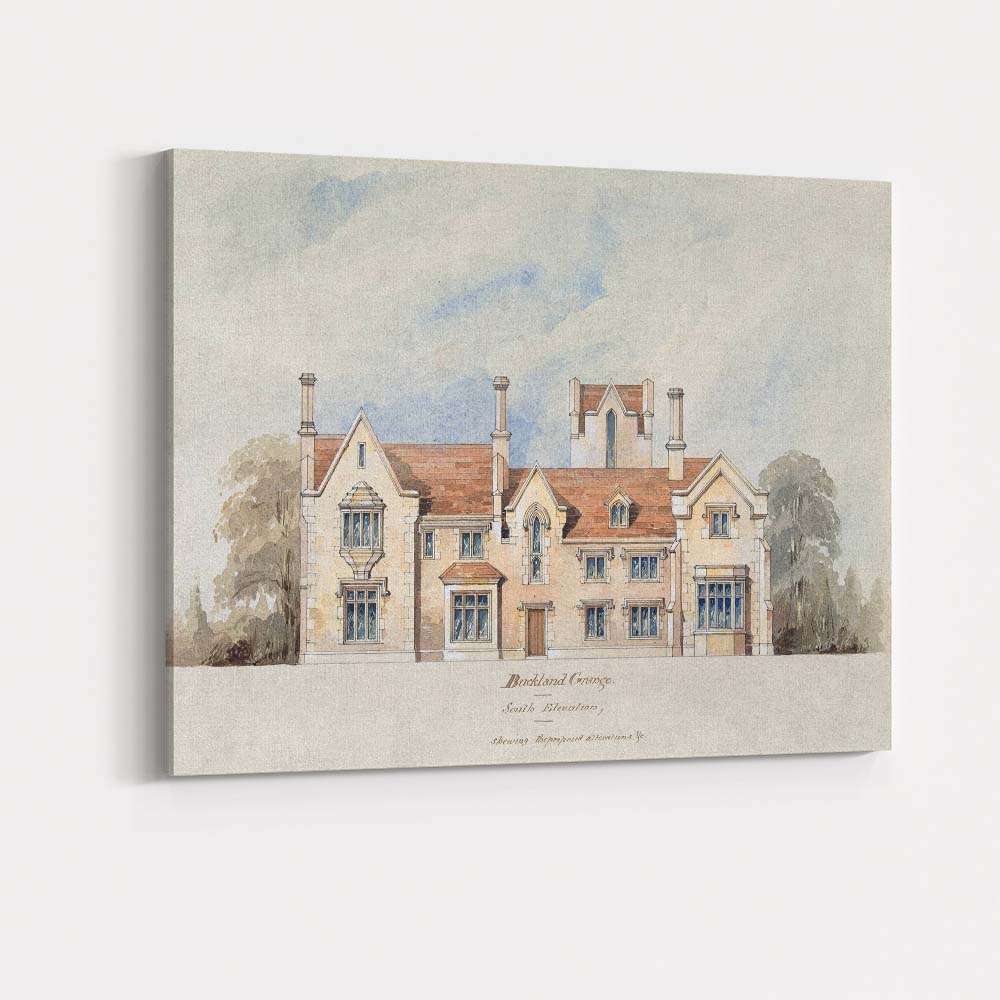 Gothic Revival Country House Architectural Watercolour Elevation Canvas Wall Art Print Decor Picture Ready to Hang