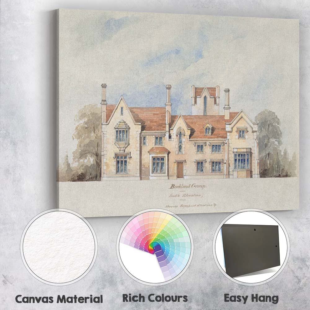 Gothic Revival Country House Architectural Watercolour Elevation Canvas Wall Art Print Decor Picture Ready to Hang