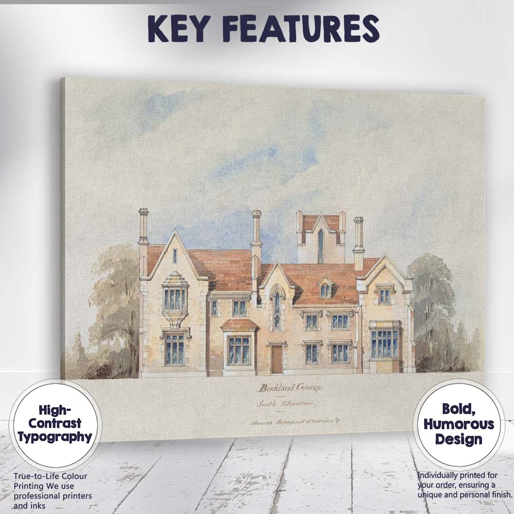 Gothic Revival Country House Architectural Watercolour Elevation Canvas Wall Art Print Decor Picture Ready to Hang