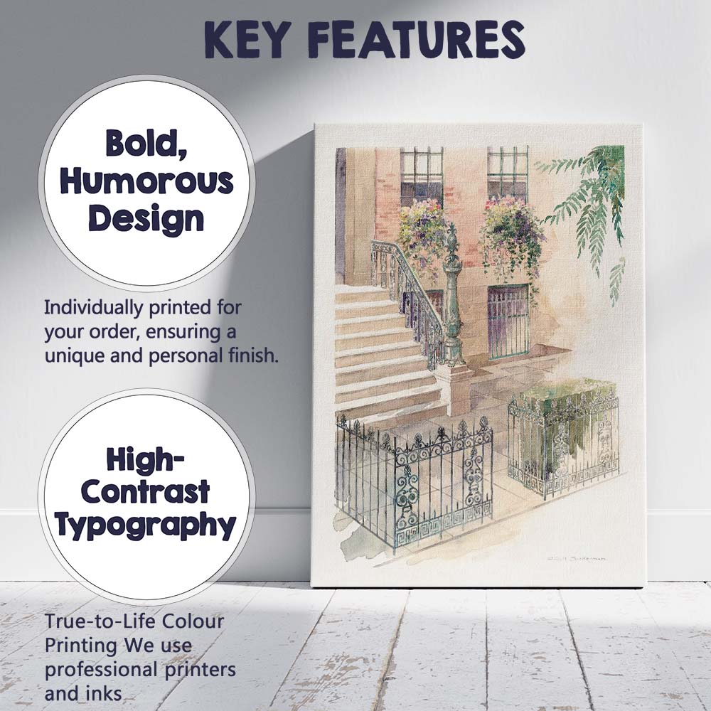 Decorative Wrought Iron Railings Townhouse Steps Watercolour Canvas Wall Art Print Decor Picture Ready to Hang