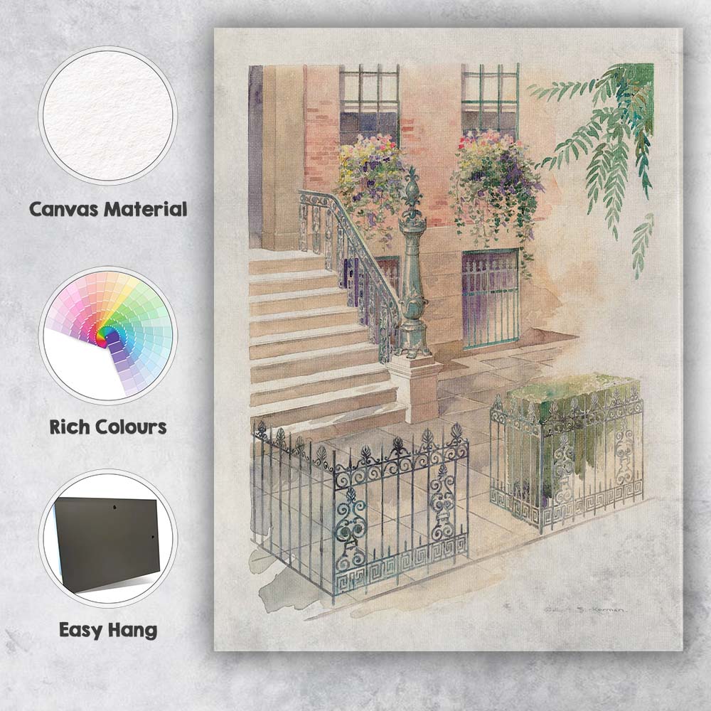 Decorative Wrought Iron Railings Townhouse Steps Watercolour Canvas Wall Art Print Decor Picture Ready to Hang