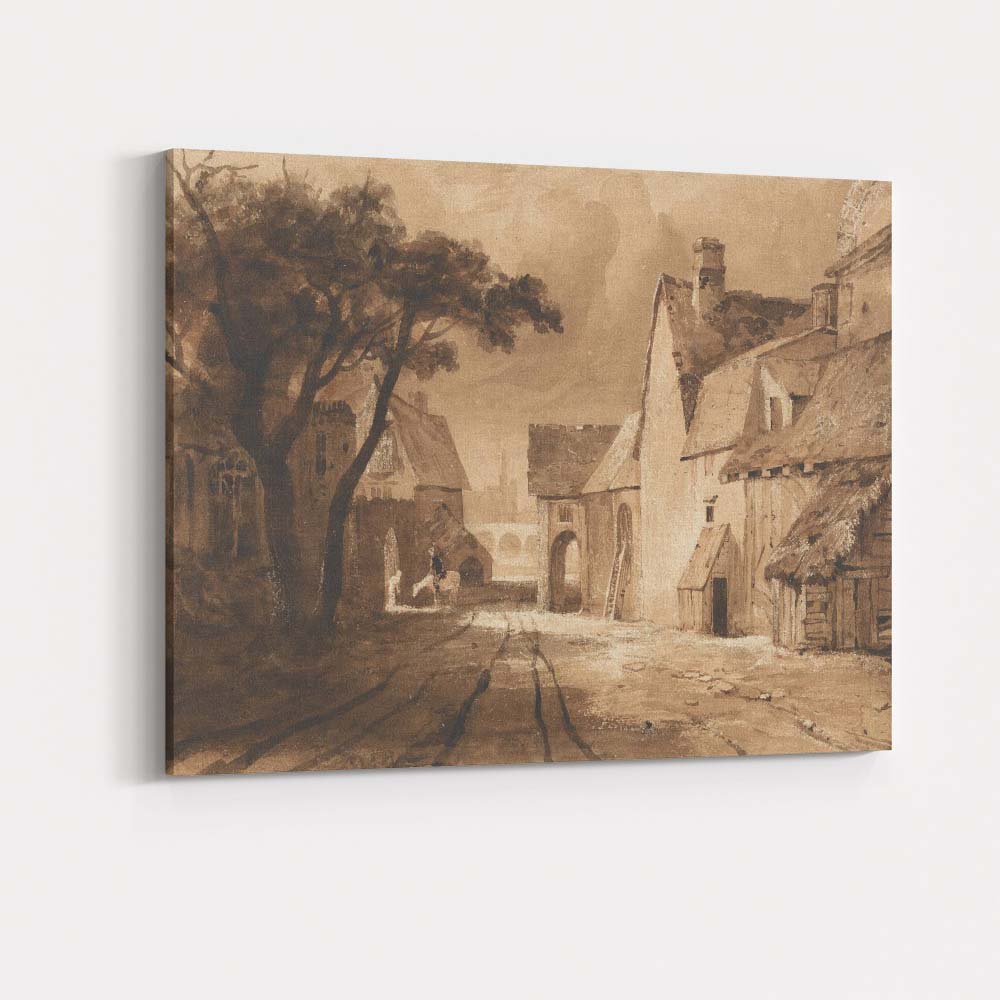 Sepia Toned Historic Village Street Scene Watercolour Canvas Wall Art Print Decor Picture Ready to Hang
