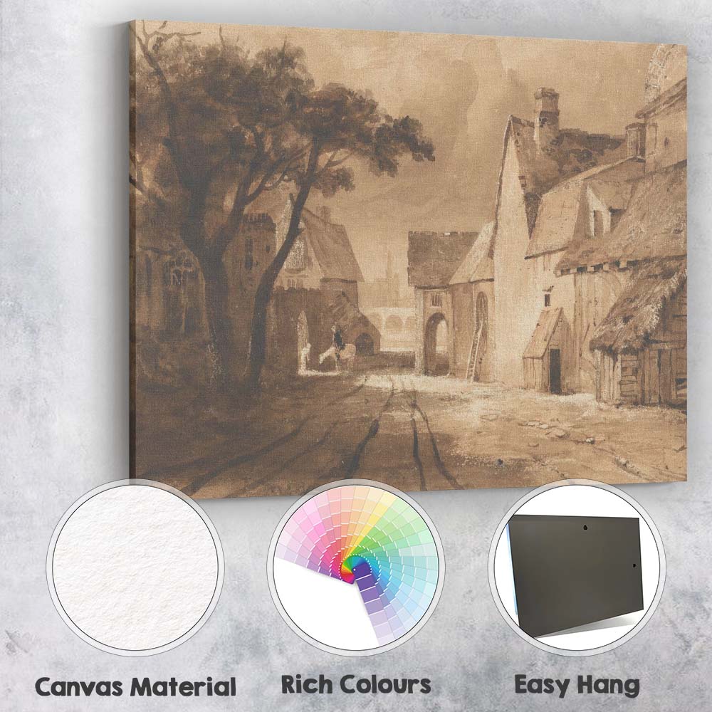 Sepia Toned Historic Village Street Scene Watercolour Canvas Wall Art Print Decor Picture Ready to Hang