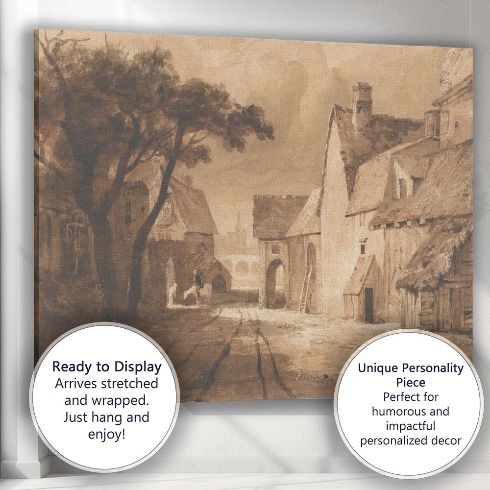 Sepia Toned Historic Village Street Scene Watercolour Canvas Wall Art Print Decor Picture Ready to Hang