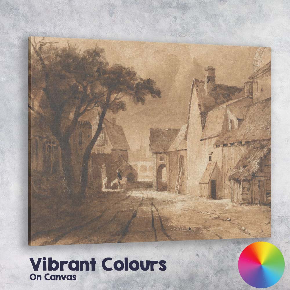 Sepia Toned Historic Village Street Scene Watercolour Canvas Wall Art Print Decor Picture Ready to Hang