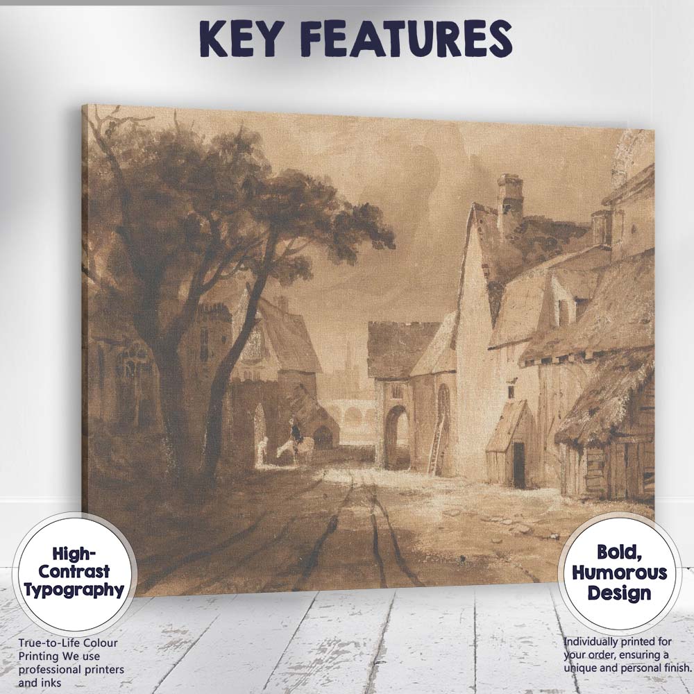 Sepia Toned Historic Village Street Scene Watercolour Canvas Wall Art Print Decor Picture Ready to Hang