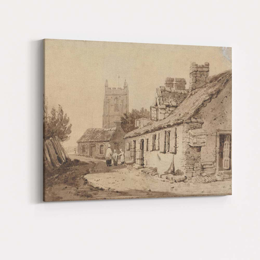 English Village Lane Church Tower Sepia Watercolour Canvas Wall Art Print Decor Picture Ready to Hang